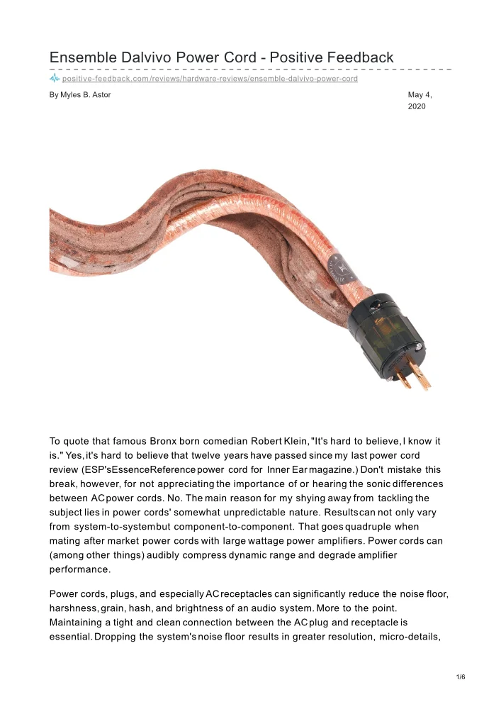 CA1 Ensemble Dalvivo Power Cord review Positive Feedback 05 2020 w p